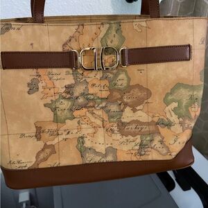 Alviero Martini Print Leather Tote Bag Handbag map bag